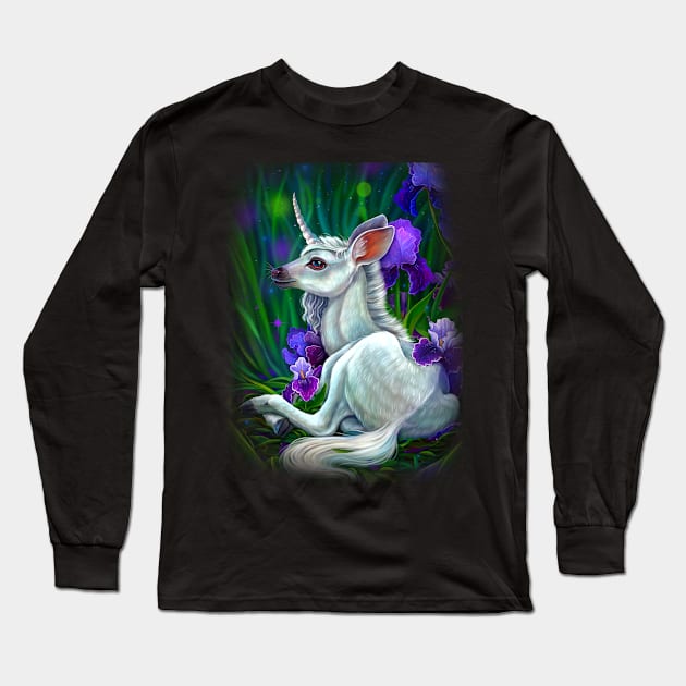 Baby unicorn in irises Long Sleeve T-Shirt by Magical Forest